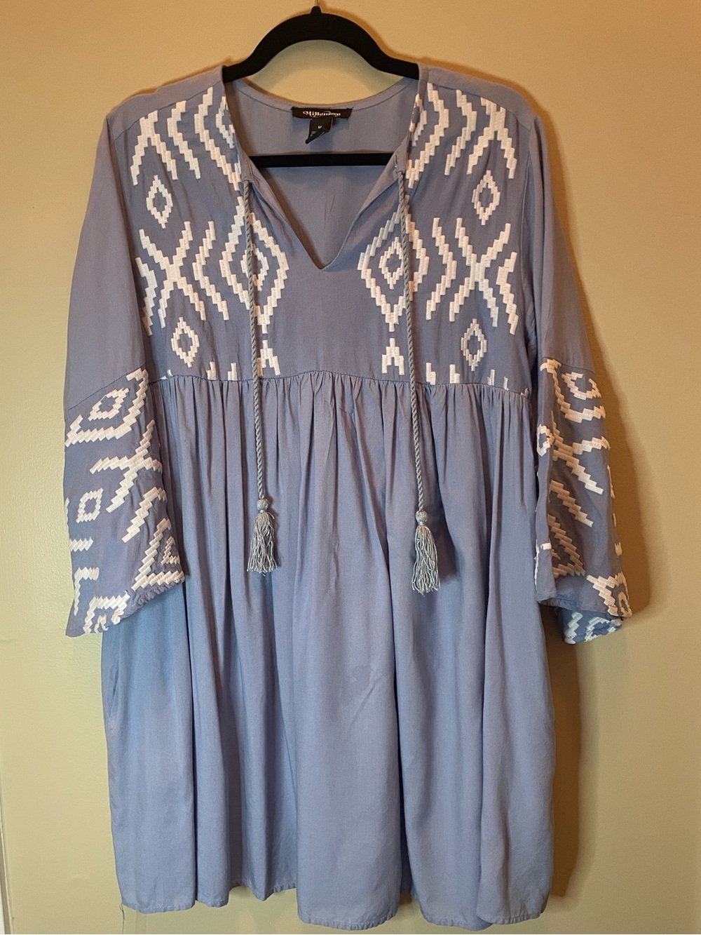 Boutique Embroidered Chambray Blue Bell Sleeve Boho Dress with Pockets